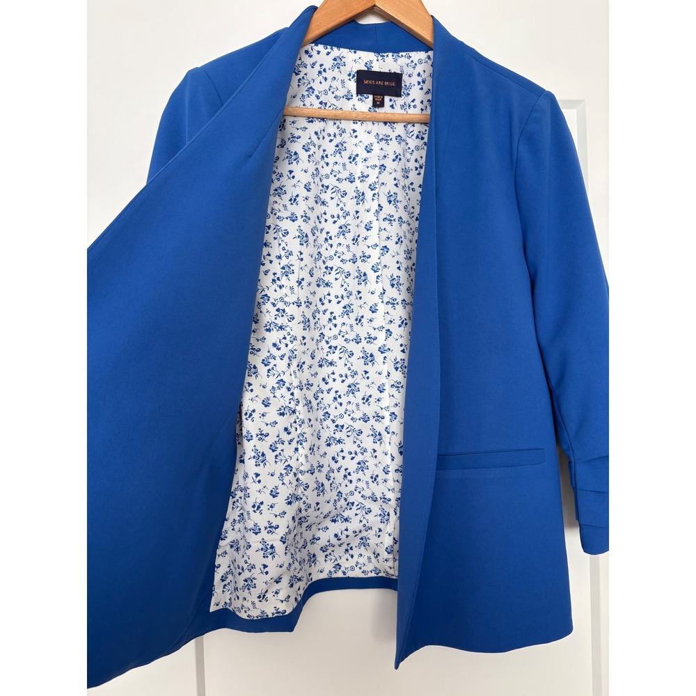 Skies Are Blue Ditsy Floral Lining Royal Blue Open Front Blazer Ruched Sleeve M - Picture 3 of 9